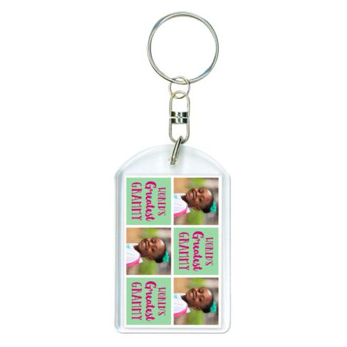 Personalized keychain personalized with a photo and the saying "World's Greatest Grammy" in pomegranate and spearmint