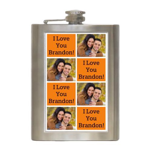 Personalized 8oz flask personalized with a photo and the saying "I Love You Brandon!" in black and juicy orange