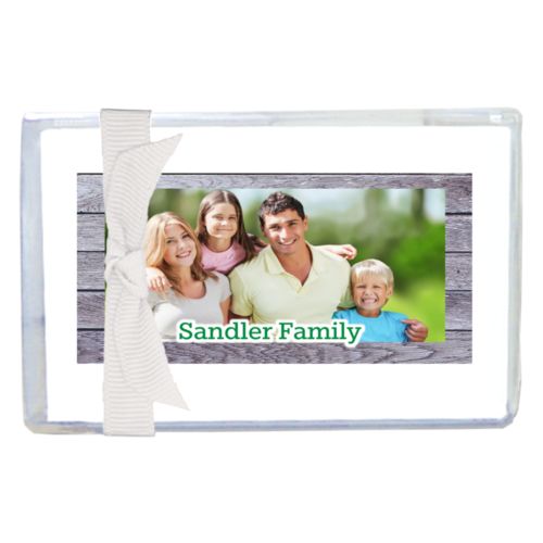 Personalized enclosure cards personalized with grey wood pattern and photo and the saying "Sandler Family"