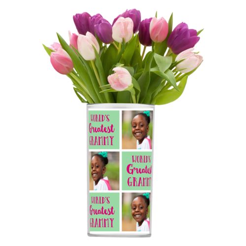 Personalized vase personalized with a photo and the saying "World's Greatest Grammy" in pomegranate and spearmint
