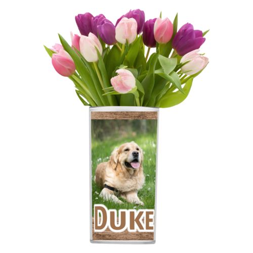 Personalized vase personalized with brown wood pattern and photo and the saying "Duke"