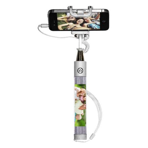 Personalized selfie stick personalized with grey wood pattern and photo and the saying "Sandler Family"