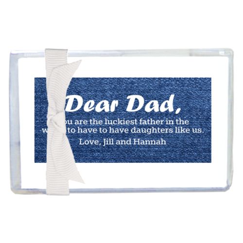Personalized enclosure cards personalized with denim industrial pattern and the sayings "You are the luckiest father in the world to have to have daughters like us. Love, Jill and Hannah" and "Dear Dad,"
