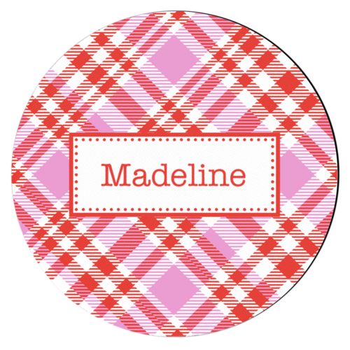 Personalized coaster personalized with tartan pattern and name in red punch and thistle