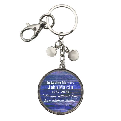 Personalized keychain personalized with royal rustic pattern and the saying "In Loving Memory John Martin 1937-2020 "Dream without fear, love without limits.""