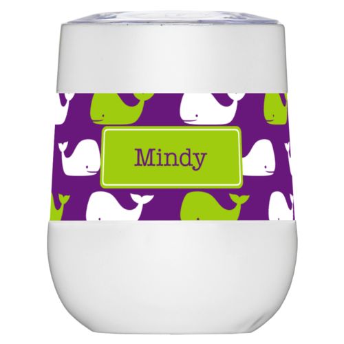 Personalized insulated wine tumbler personalized with whales pattern and name in orchid and juicy green