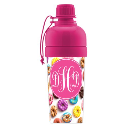 Kids water bottle personalized with donuts pattern and monogram in eggplant