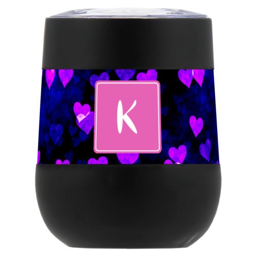 Personalized insulated wine tumbler personalized with dream hearts pattern and initial in pink