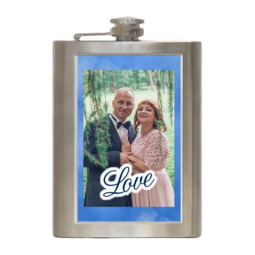 Personalized 8oz flask personalized with blue cloud pattern and photo and the saying "love"