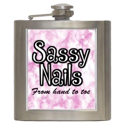 Personalized 6oz flask personalized with pink marble pattern and the sayings "Sassy Nails" and "From hand to toe"