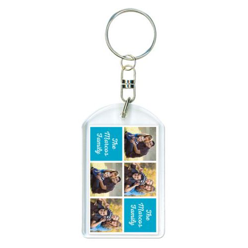 Personalized plastic keychain personalized with photos and the saying "The Marcos Family" in juicy blue and white