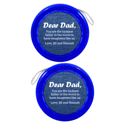 Personalized yoyo personalized with denim industrial pattern and the saying "Dear Dad, You are the luckiest father in the world to have daughters like us. Love, Jill and Hannah"