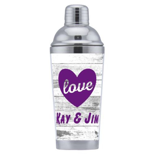Coctail shaker personalized with white rustic pattern and the sayings "love" and "Kay & Jim"