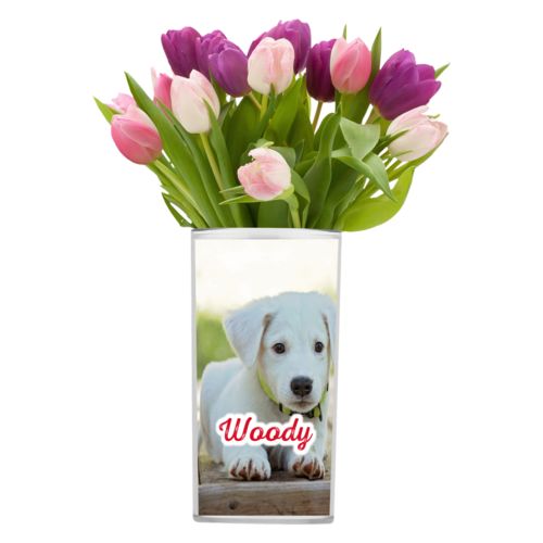 Personalized vase personalized with photo and the saying "Woody"