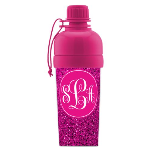 Kids water bottle personalized with pink glitter pattern and monogram in bright pink