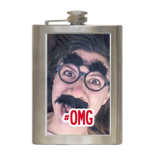 Personalized 8oz flask personalized with photo and the saying "#omg"