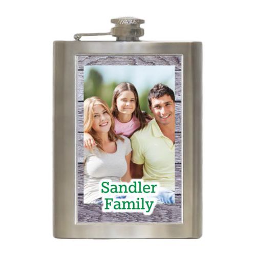 Personalized 8oz flask personalized with grey wood pattern and photo and the saying "Sandler Family"