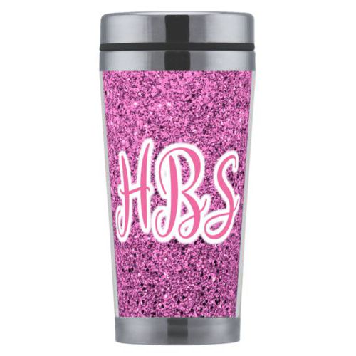 Personalized coffee mug personalized with light pink glitter pattern and the saying "HBS"