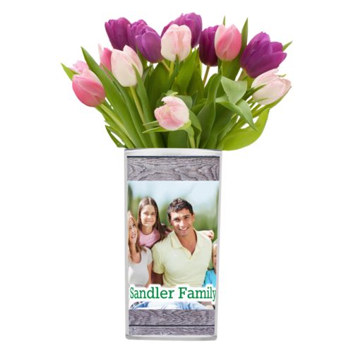 Personalized vase personalized with grey wood pattern and photo and the saying "Sandler Family"