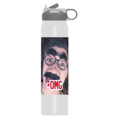 Insulated water bottle personalized with photo and the saying "#omg"