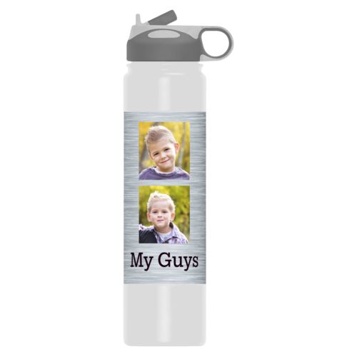 Printed water bottle personalized with steel industrial pattern and photo and the saying "My Guys"