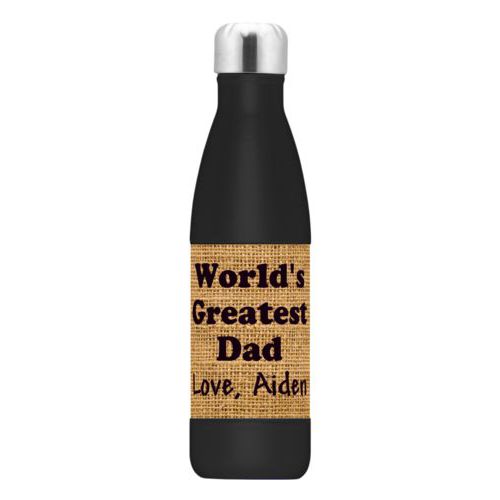 Small stainless steel water bottle personalized with burlap industrial pattern and the saying "World's Greatest Dad Love, Aiden"