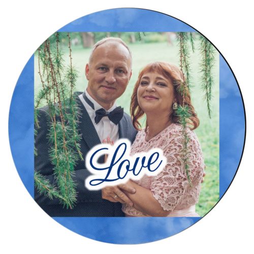 Personalized coaster personalized with blue cloud pattern and photo and the saying "love"