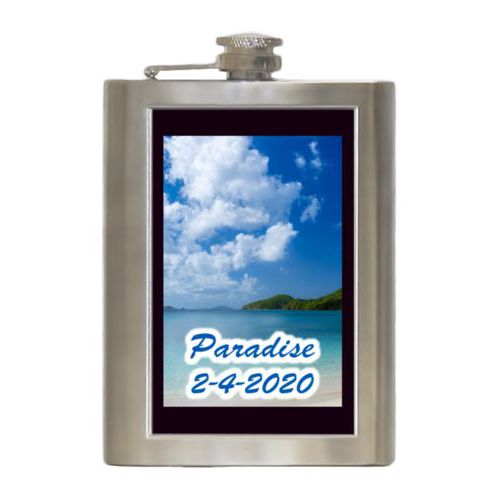 Personalized 8oz flask personalized with photo and the saying "Paradise 2-4-2020"