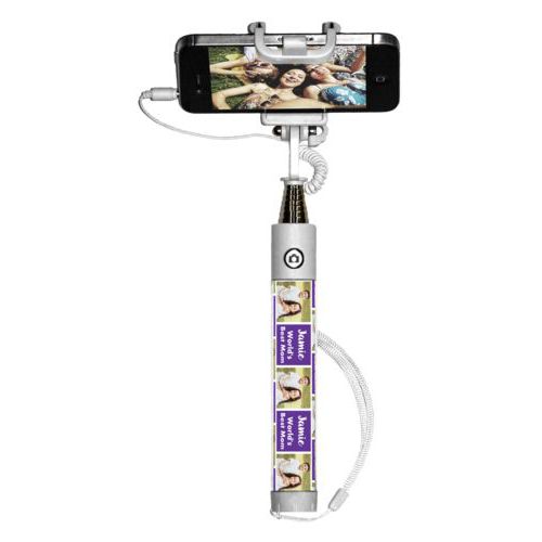 Personalized selfie stick personalized with a photo and the saying "Jamie World's Best Mom" in purple and white