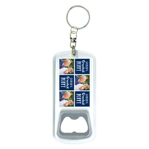 Personalized bottle opener personalized with a photo and the saying "World's Greatest Poppy" in navy blue and white