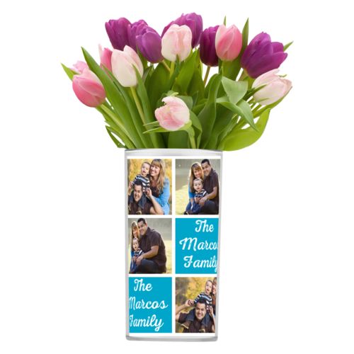 Personalized vase personalized with photos and the saying "The Marcos Family" in juicy blue and white