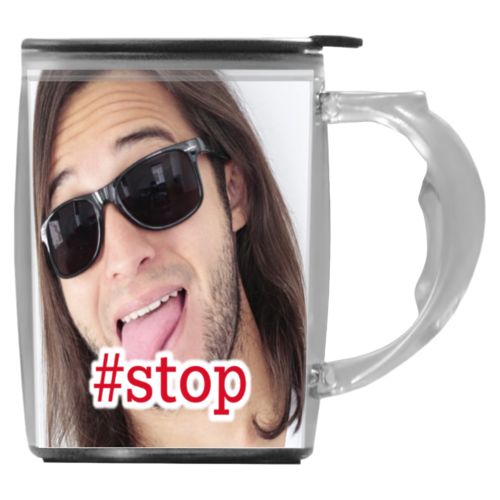 Custom mug with handle personalized with photo and the saying "#stop"