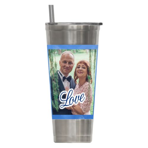 Personalized insulated steel tumbler personalized with blue cloud pattern and photo and the saying "love"