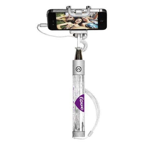 Personalized selfie stick personalized with white rustic pattern and the sayings "love" and "Katie & Jimmy"