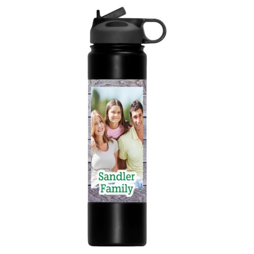 Personalised water bottle personalized with grey wood pattern and photo and the saying "Sandler Family"