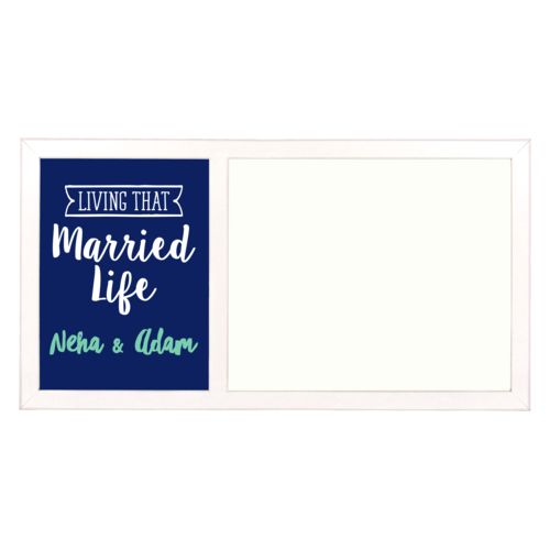 Personalized white board personalized with the sayings "Neha & Adam" and "living that married life"