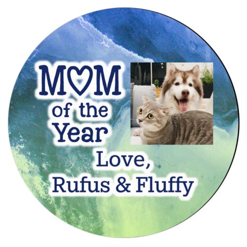 Personalized coaster personalized with ombre quartz pattern and photo and the sayings "Mom of the Year" and "Love, Rufus & Fluffy"