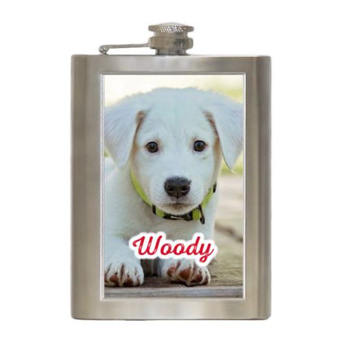 Personalized 8oz flask personalized with photo and the saying "Woody"