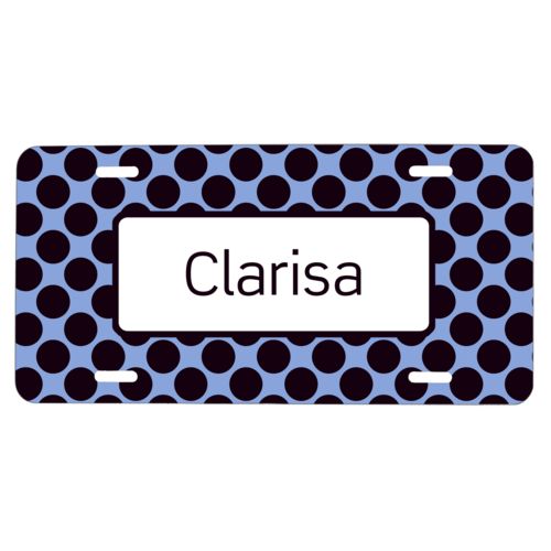 Custom car tag personalized with dots pattern and name in black and serenity blue