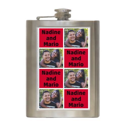 Personalized 8oz flask personalized with a photo and the saying "Nadine and Mario" in black and apple red