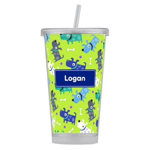 Personalized tumbler personalized with puppies pattern and name in marine