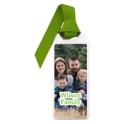 Personalized book mark personalized with photo and the saying "Wilson Family"