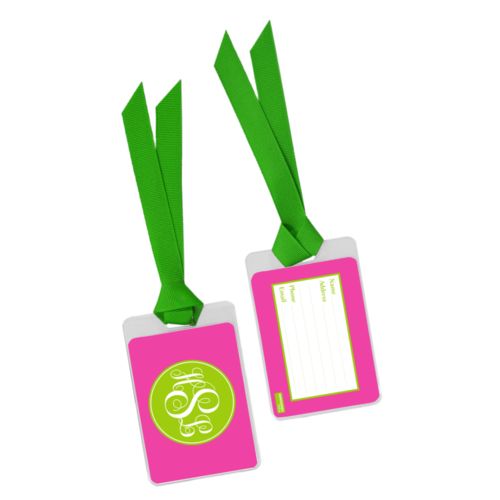 Personalized luggage tag personalized with concaved pattern and monogram in juicy green and juicy pink