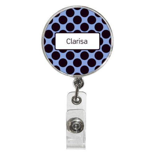 Personalized badge reel personalized with dots pattern and name in black and serenity blue