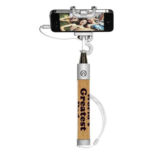 Personalized selfie stick personalized with burlap industrial pattern and the saying "World's Greatest Dad"