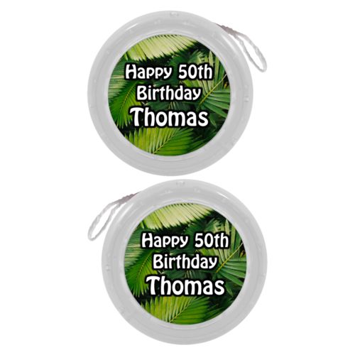 Personalized yoyo personalized with plants fern pattern and the saying "Happy 50th Birthday Thomas"