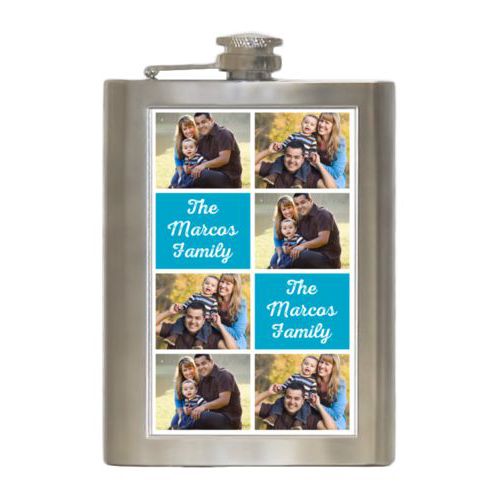 Personalized 8oz flask personalized with photos and the saying "The Marcos Family" in juicy blue and white