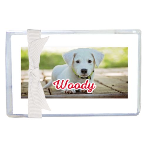 Personalized enclosure cards personalized with photo and the saying "Woody"