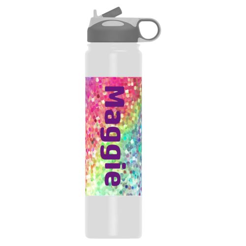 Personalized water bottle personalized with glitter pattern and the saying "Maggie"