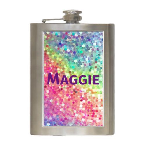 Personalized 8oz flask personalized with glitter pattern and the saying "Maggie"